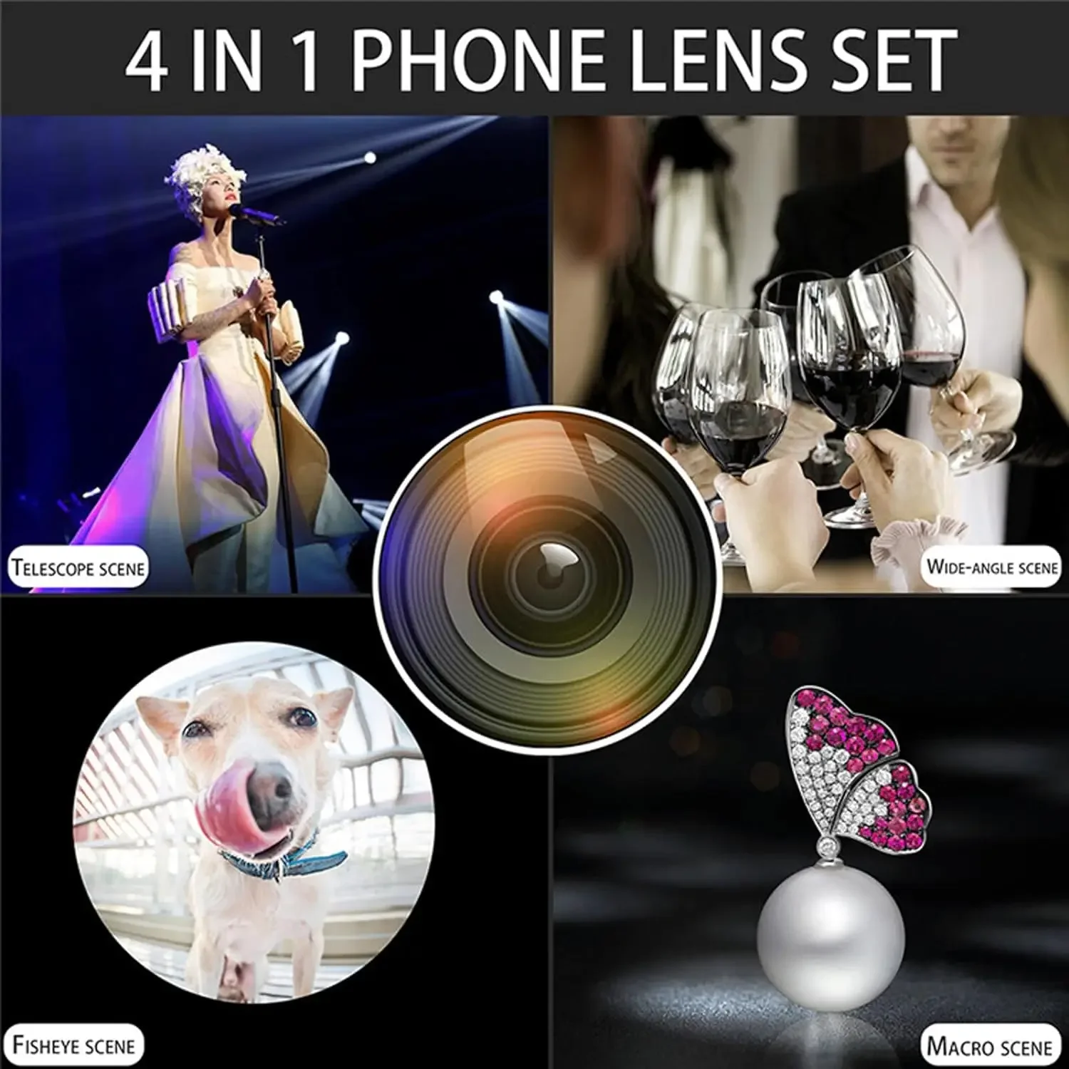 4 in 1 Phone Camera Lens Kit 28X Telephoto Lens Macro 0.6X Wide Angle 198° Fisheye Phone Camera Lens Kit with Bracket