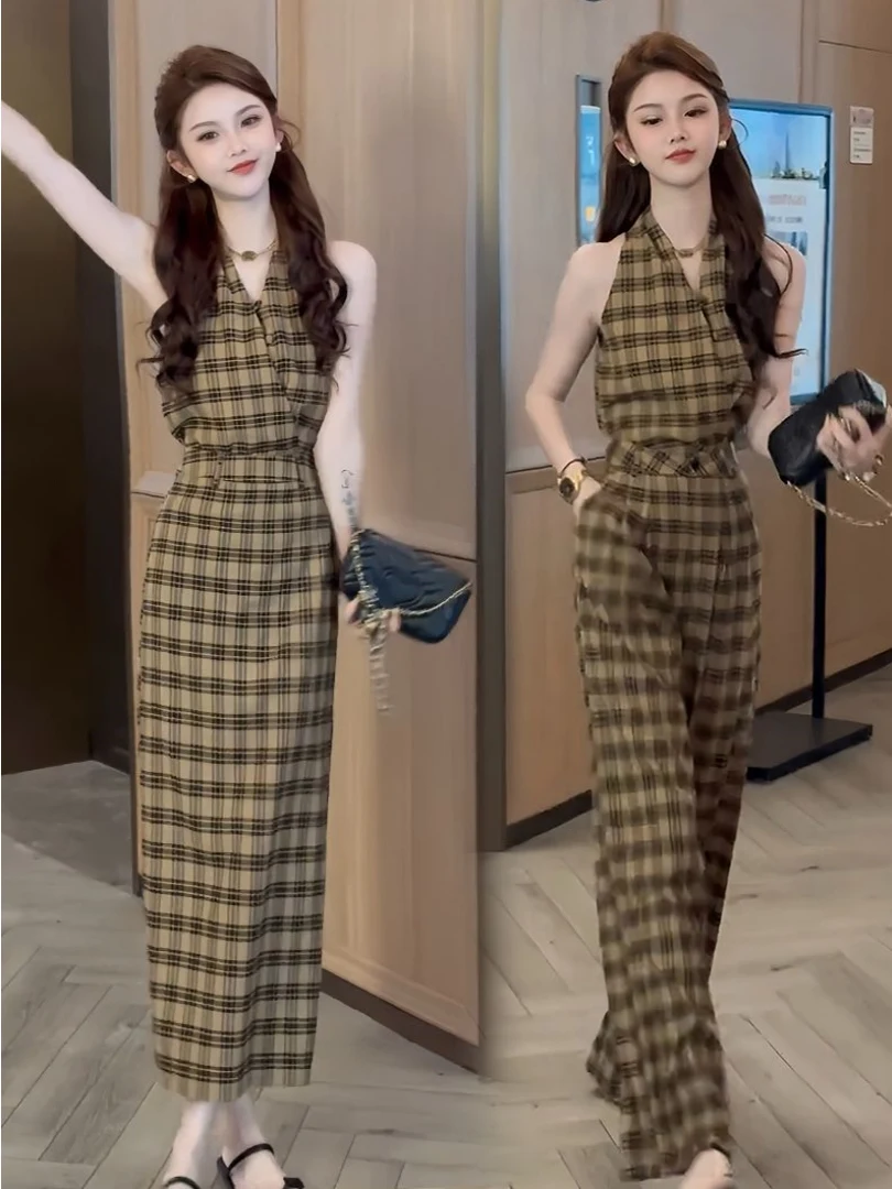 Retro Plaid Women's Summer New Design Sleeveless Vest Neck Hanging Wide Leg Pants Two-Piece Set Comfortable V-Neck Casual Fas...