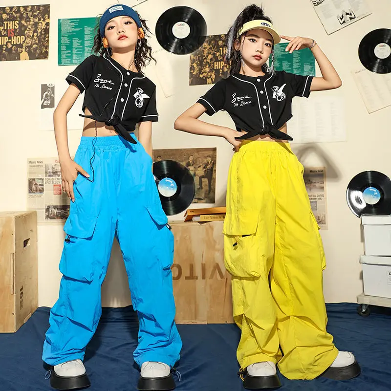 

Kid Kpop Hip Hop Clothing Black Crop Top Lace up Shirt Lightweight Casual Pocket Cargo Pants for Girl Jazz Dance Costume Clothes