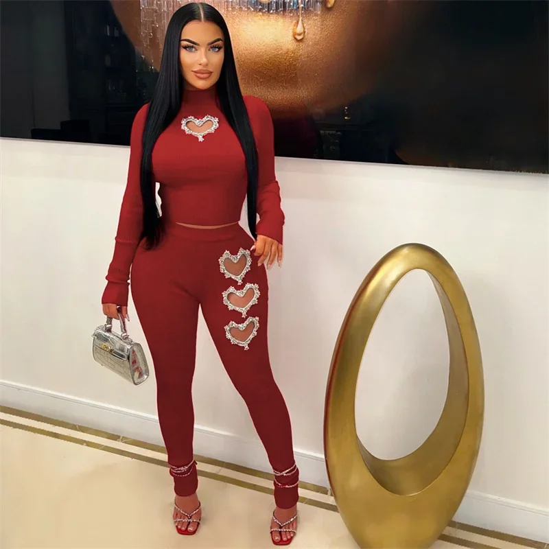 Skinny Knit Ribbed Two Piece Sets Women Pants Cut Out Love Heart Rhinestone Sweater T Shirt Tops Sexy Outfits 2 Piece Tracksuits