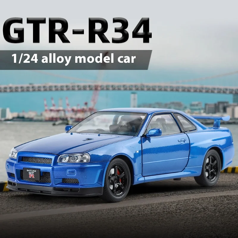 1:24 Nissan GTR R34 Skylin Supercar Alloy Diecast Car Model Sound & Light Desktop DIY Decorative Ornament Serie Birthday Gift