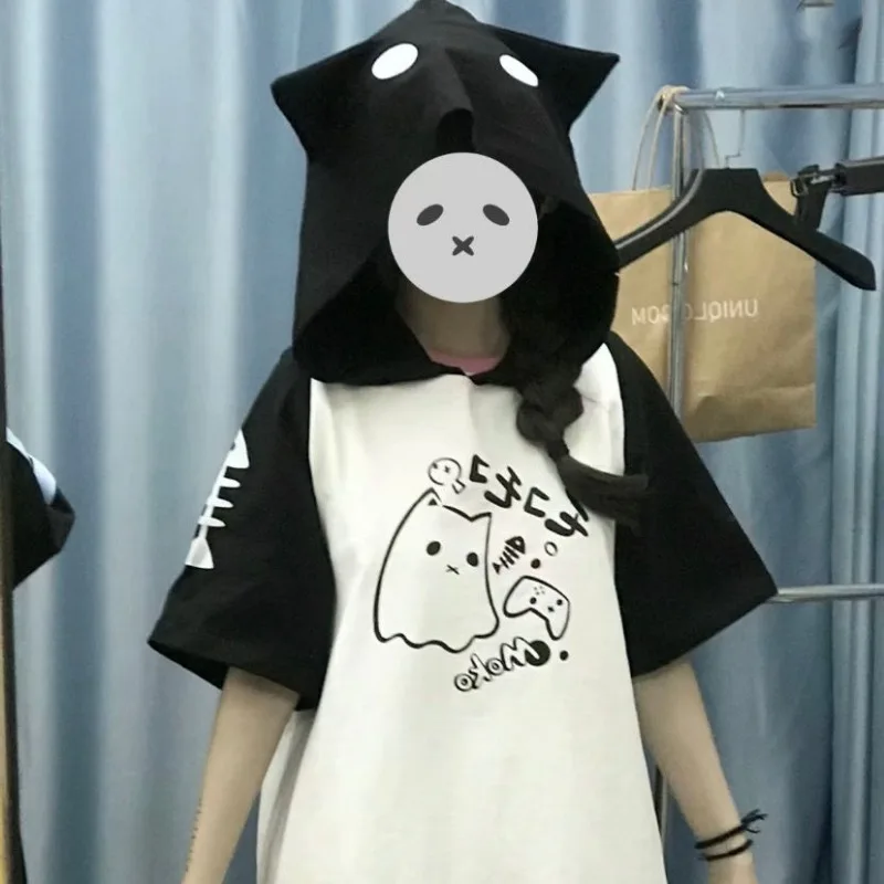 T-shirt Hoodie Short Sleeved Pixiv Ghost Cats Y2k Streetwear Ears Hooded Woman Summer Japan Lovely Soft Girl Tops