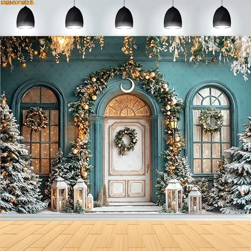 

Christmas Day Wreath Family New Year Party Photography Backdrops Prop Window Living Room Xmas Tree Gift Snow Background BV-25