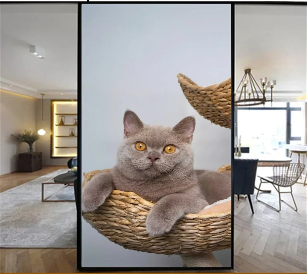 Cute Cat No Glue Static Cling Privacy Windows Film Translucence Decorative Stained  Glass Window Stickers  Window Tint 06