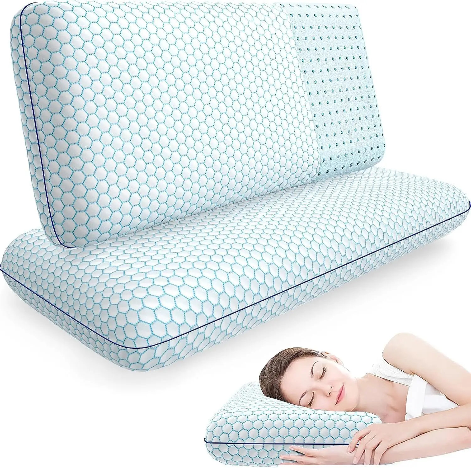 

Memory Foam Pillows for Side, Back, Stomach Sleepers, Set of 2 with Washable Cover and Breathable Mesh, Blue King Size