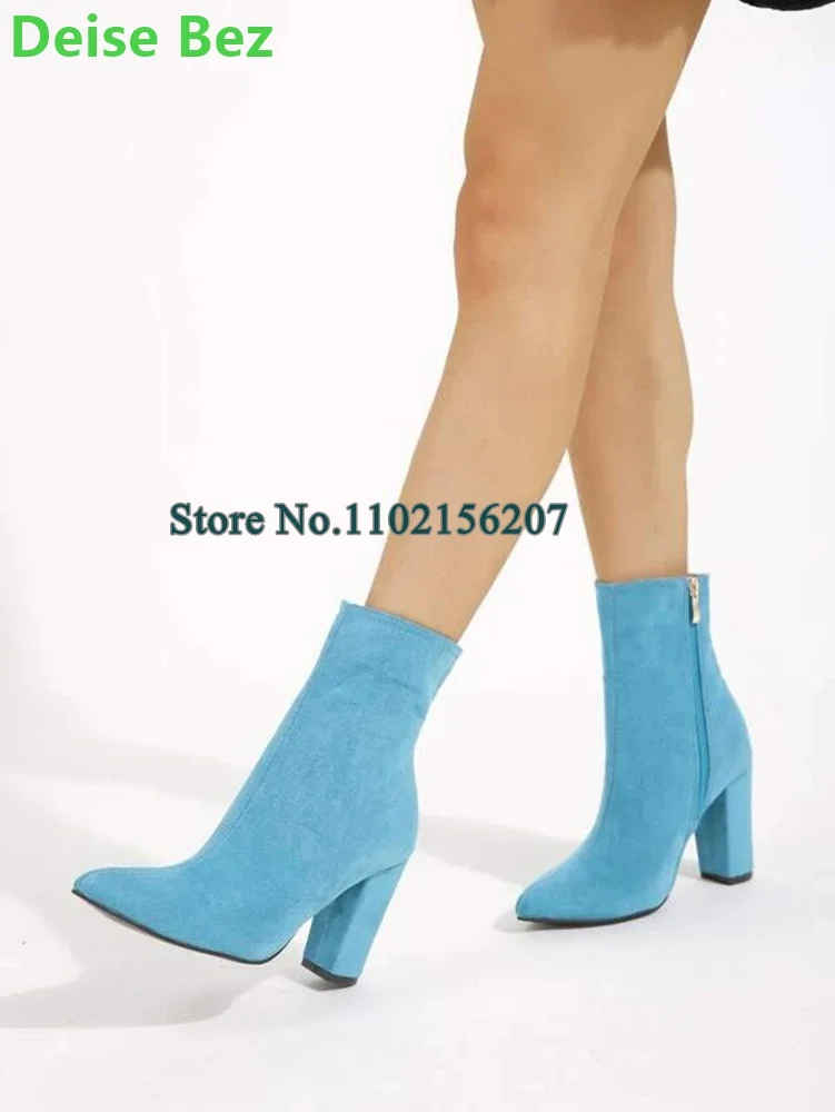 Blue Suede Fabric Chunky Heel Short Boots For Female Women Pointed Toe Side Zipper Ankle High Elegant Comfortable Winter Shoes