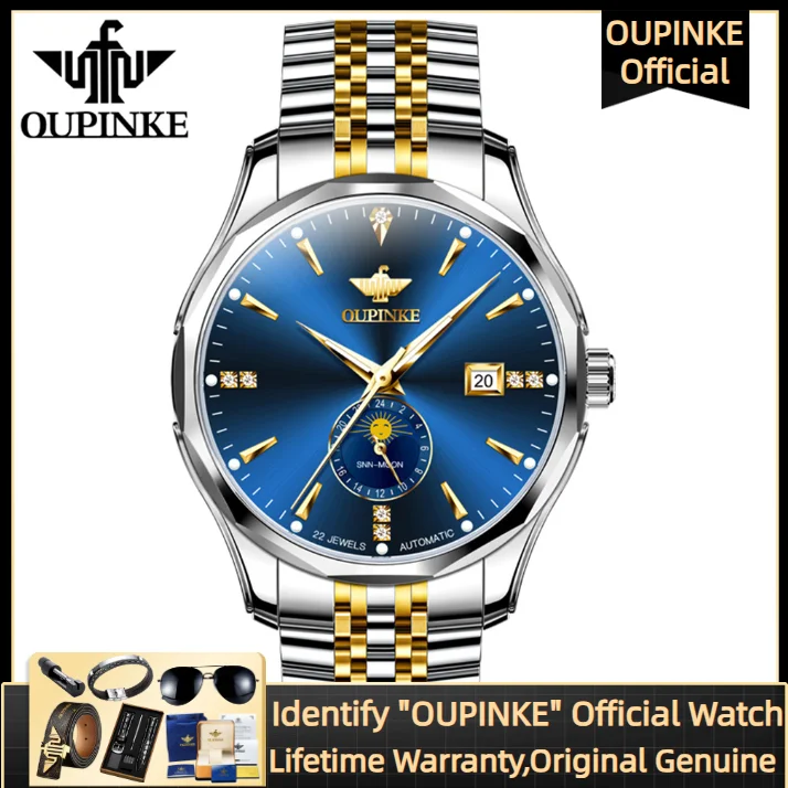 

OUPINKE Certification Men Watches Moon phase Date Synthetic Sapphire Mirror Stainless Steel Waterproof Luxury Men's Automatic Wa