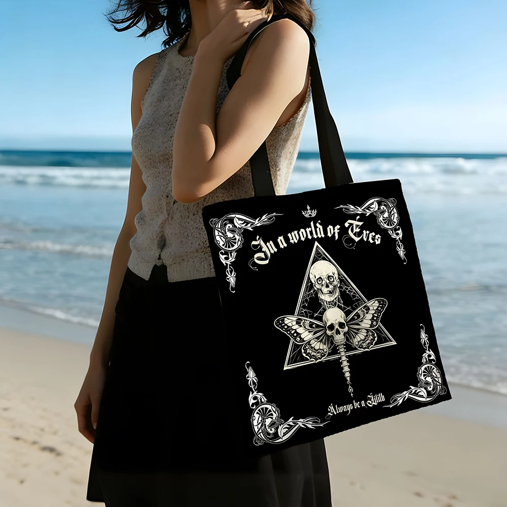 1pc Gothic Skull Butterfly Canvas Tote Bag Occult Lilith Inspired Print With Always Be A Lilith Slogan Eco Friendly Witchy