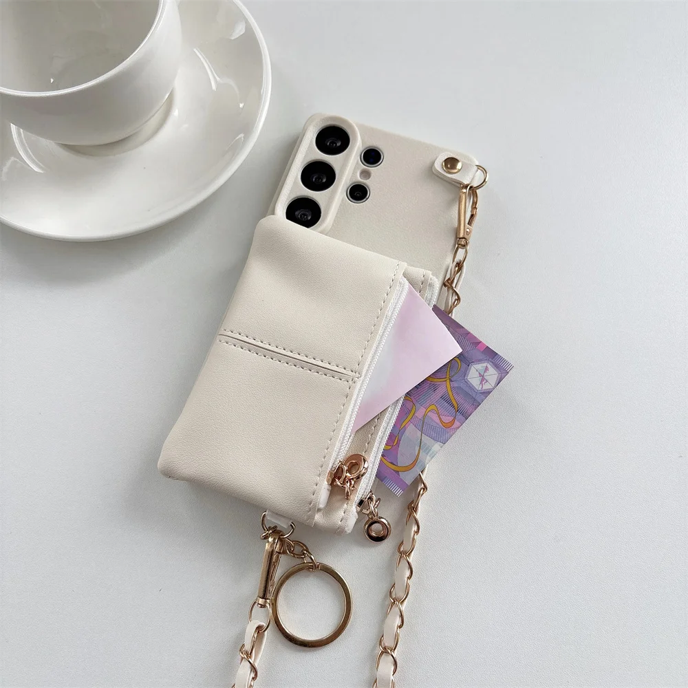Modern Minimal Zipper Wallet Phone Case for Samsung Galaxy S26 Ultra S25 S24 A57 Card Holder Crossbody Strap Protective Cover