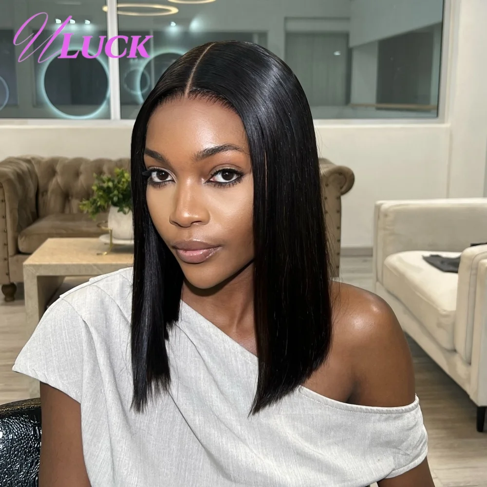 

Uluck Double Drawn Short Straight Bob Wigs 13x4 Lace Frontal Wigs 200% Density Natural Black Brazilian Human Hair Wigs For Women