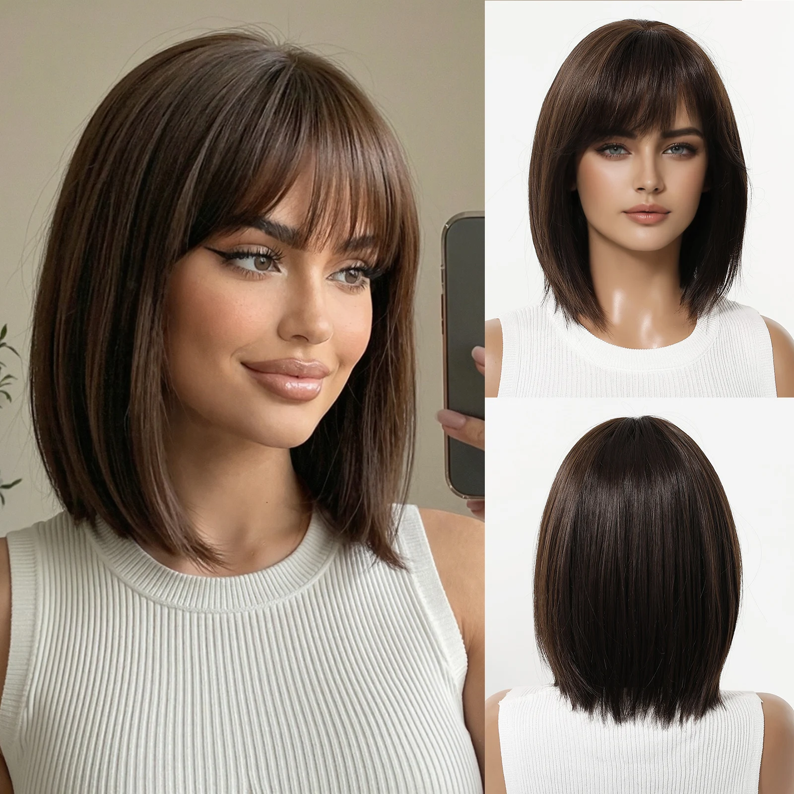 

Модный короткий парик Testar из синтетического волокна темно-коричневого цвета с челкой, гладкий, блестящий, для повседневной носки и вечеринок, для женщин