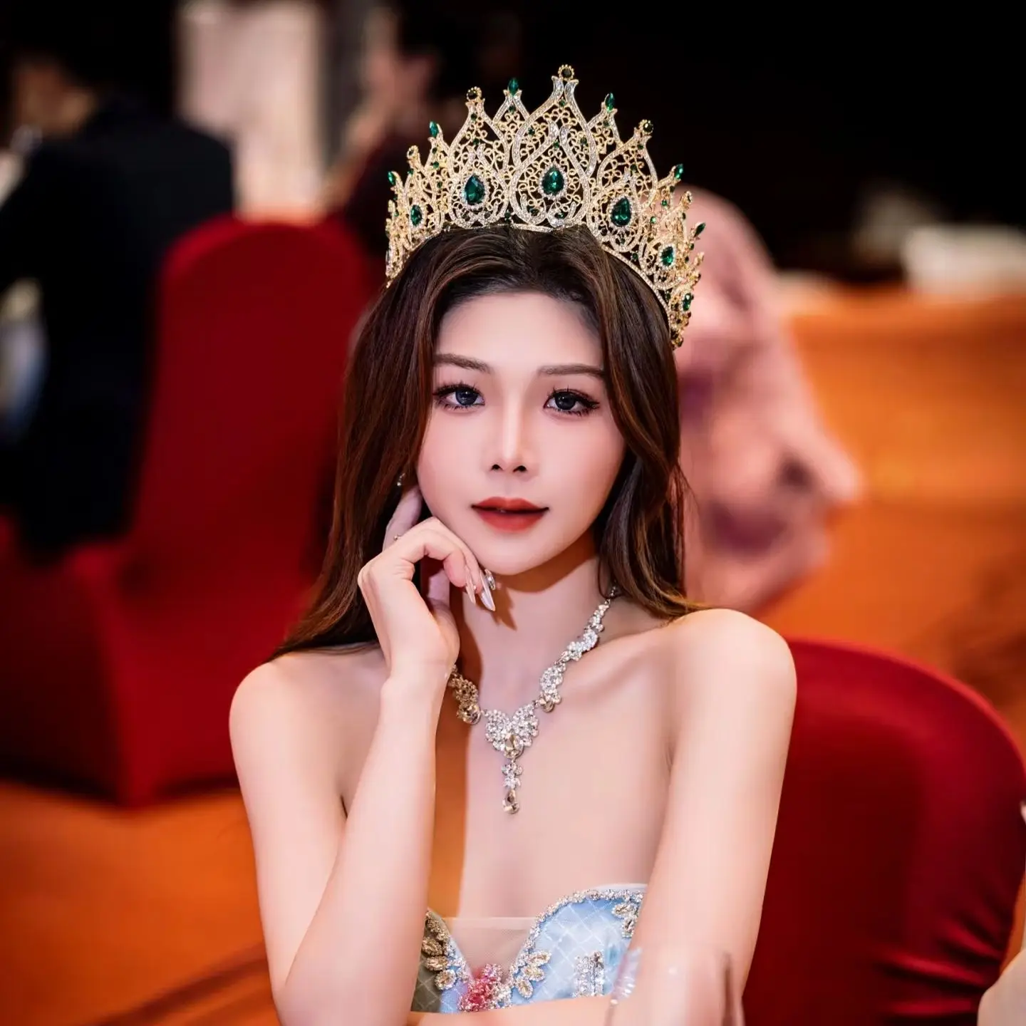 Luxury Silver Rhinestone Pageant Crown with Yellow Topaz Crystal Queen Tiara for Wedding Bridal Miss Beauty Contest Headpiece