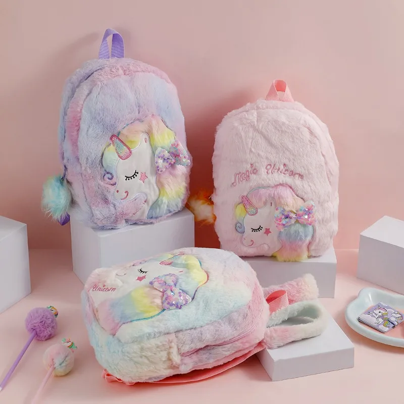 

Мультяшный зимний плюшевый рюкзак с единорогом для маленьких девочек, милая маленькая школьная сумка с бантом для детского сада, пушистая плюшевая сумка для книг с животными