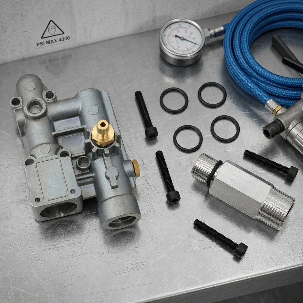 Pressure Washer Replacement Manifold Kit 16031 with Injector Intake Valve Bolts and O Rings for Standard 4-Bolt Systems
