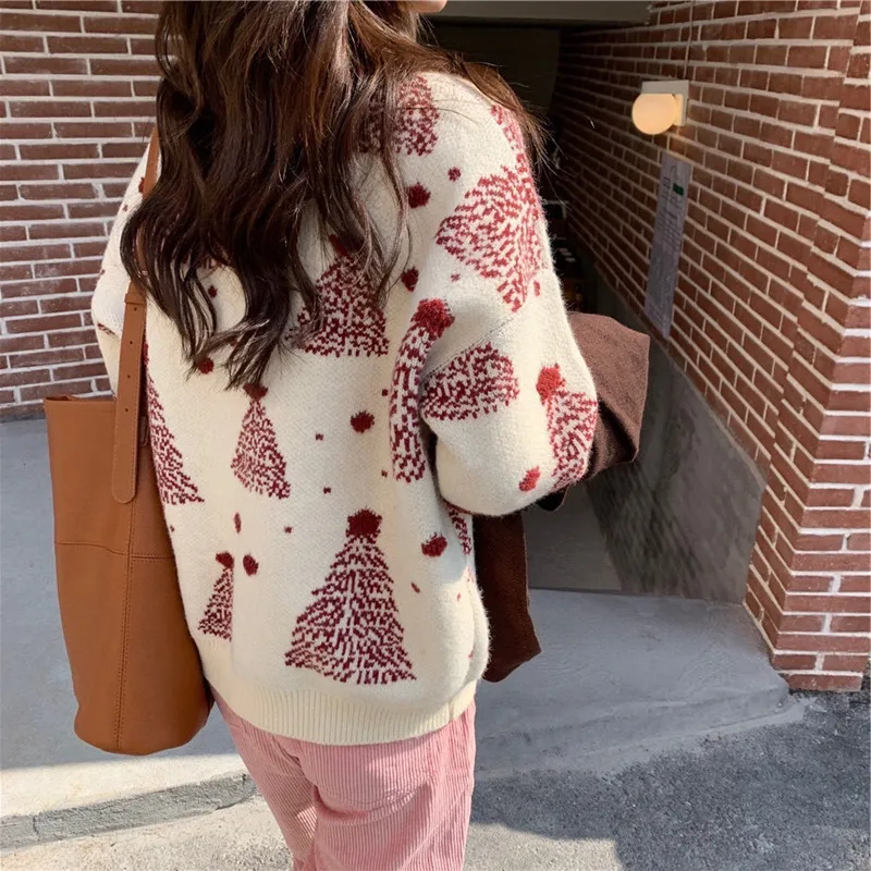 Maglioni pullover esterni stampati con fiocchi di neve dolci autunnali Maglioni casual allentati con o-collo a maniche lunghe Top invernali da donna lavorati a maglia