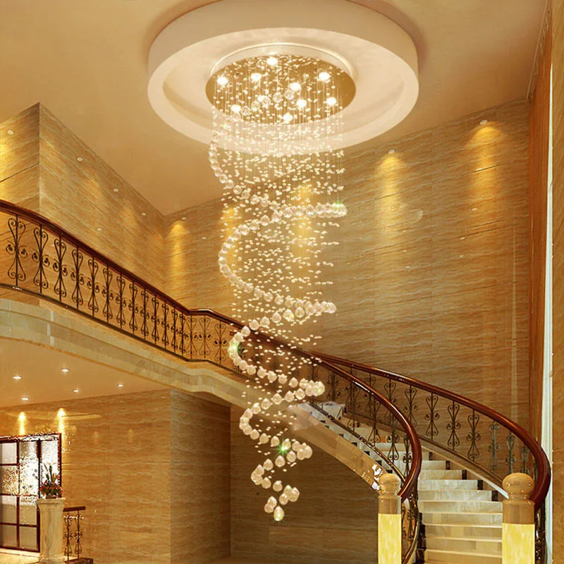 

European Crystal Chandelier Staircase Light Living Room LED Lustre Fixtures for Villa Lobby Hotel Luxury Atmospheric Lighting