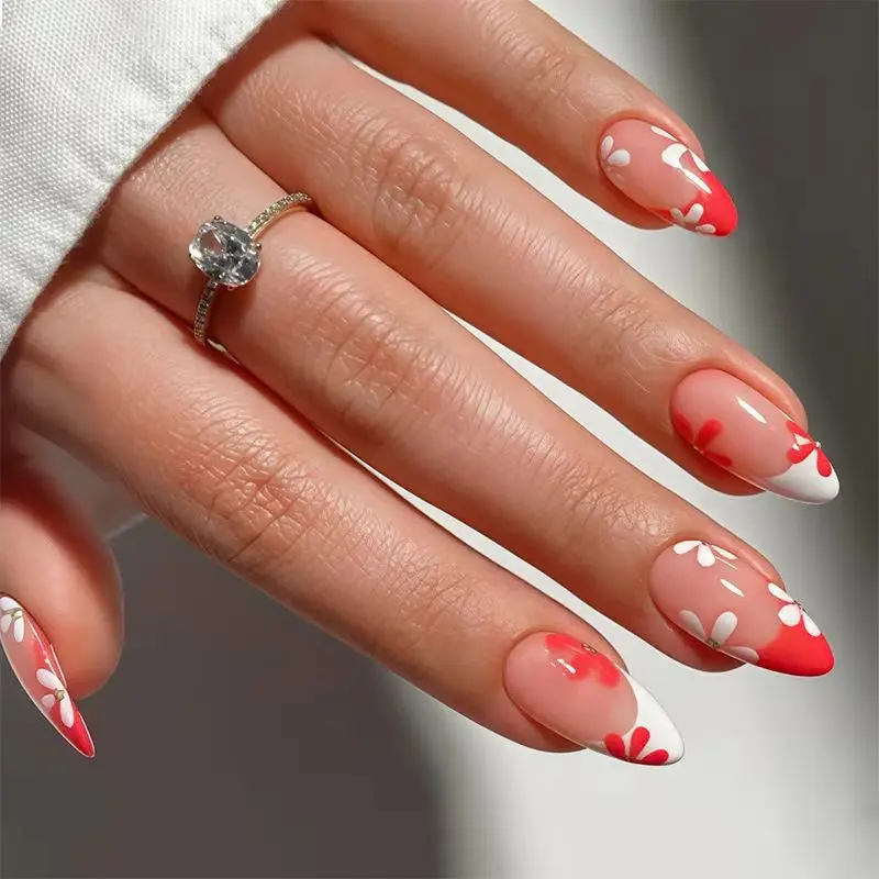 

24PCS Almond False Nails Press on Nails Fake Nails Painted Flowers French Smudge Design Wearable Removable Nail Art for Women