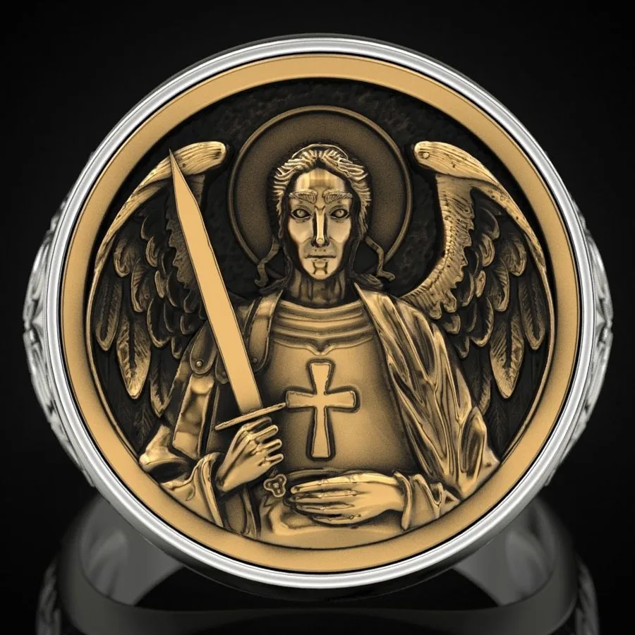 

24g ARCHANGEL MICHAEL Religious Art Relief Gold Rings Customized 925 Solid Sterling Silver Rings