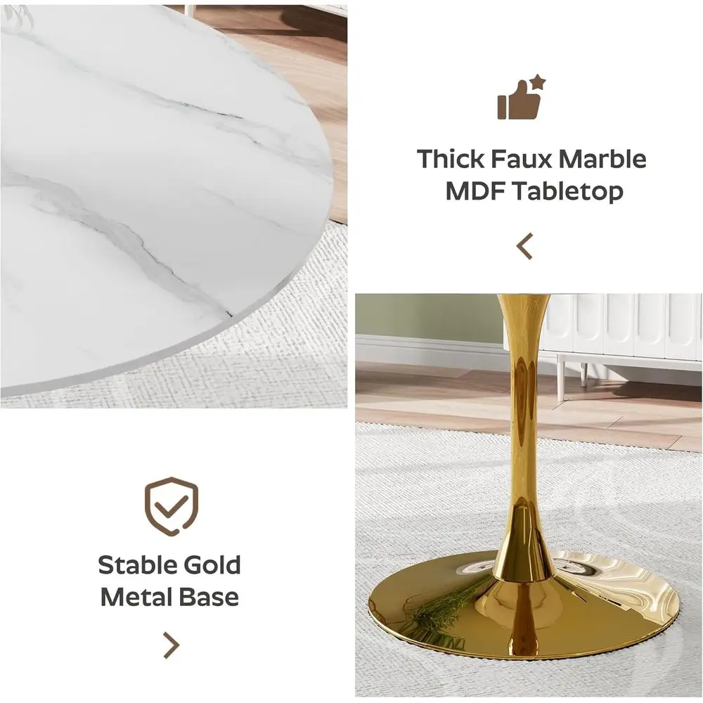 42" Round Tulip Dining Table for 4,Thick White Marble MDF Top & Gold Metal Base, Mid-Century Modern Kitchen Table for Dining Roo