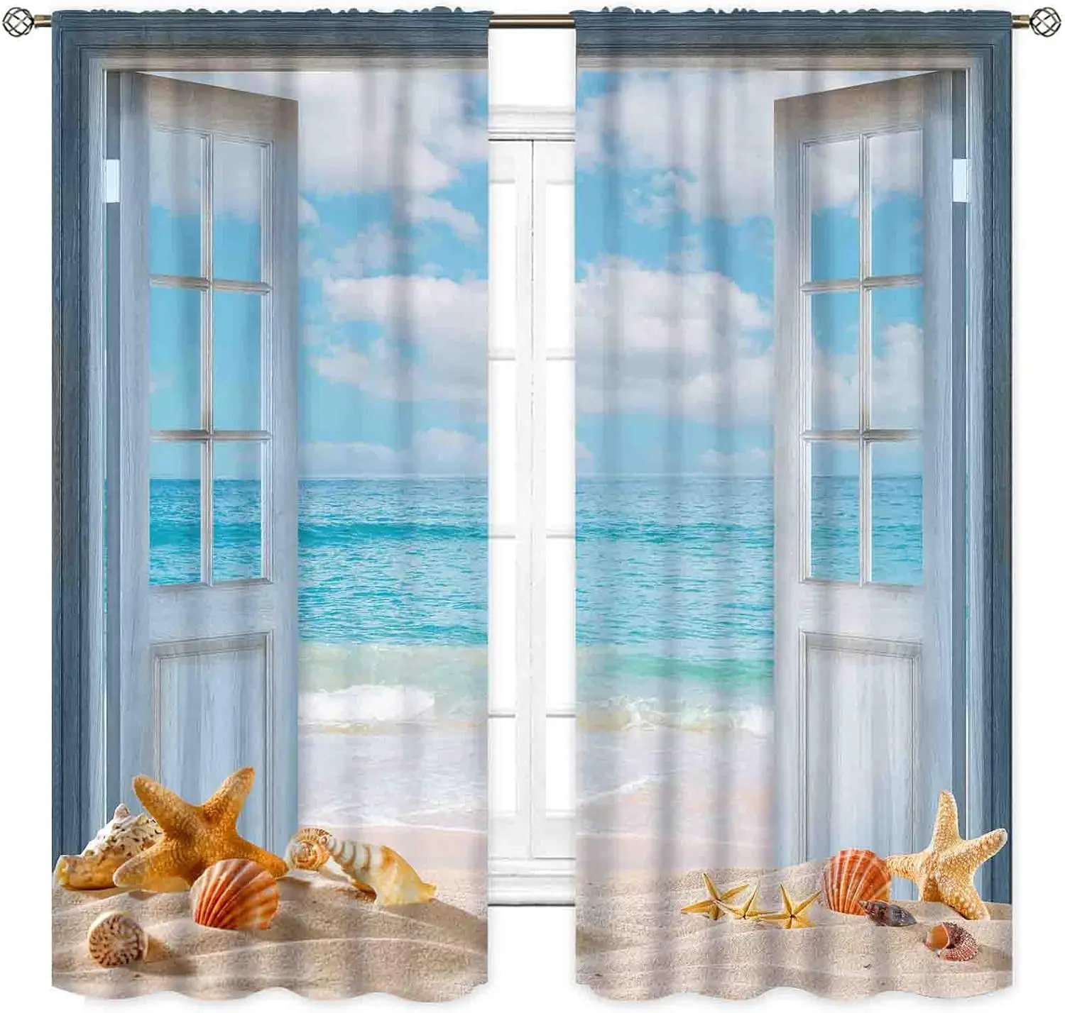 Ocean Beach Curtains, Coastal Nautical Sea Scenery Landscape Scenic Starfish Beachy Summer Window Drapery Treatments for Bedroom