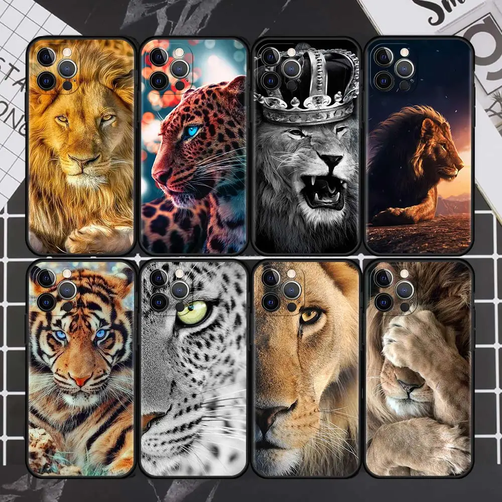 Capa de Telefone preta para Apple iPhone, Capa de Luxo Tigre e Leão, iPhone 11, 13, 12 Pro, 7, XR, X, XS Max, 8, 6, 6S Plus, 5, 14, SE 2020, 13Pro