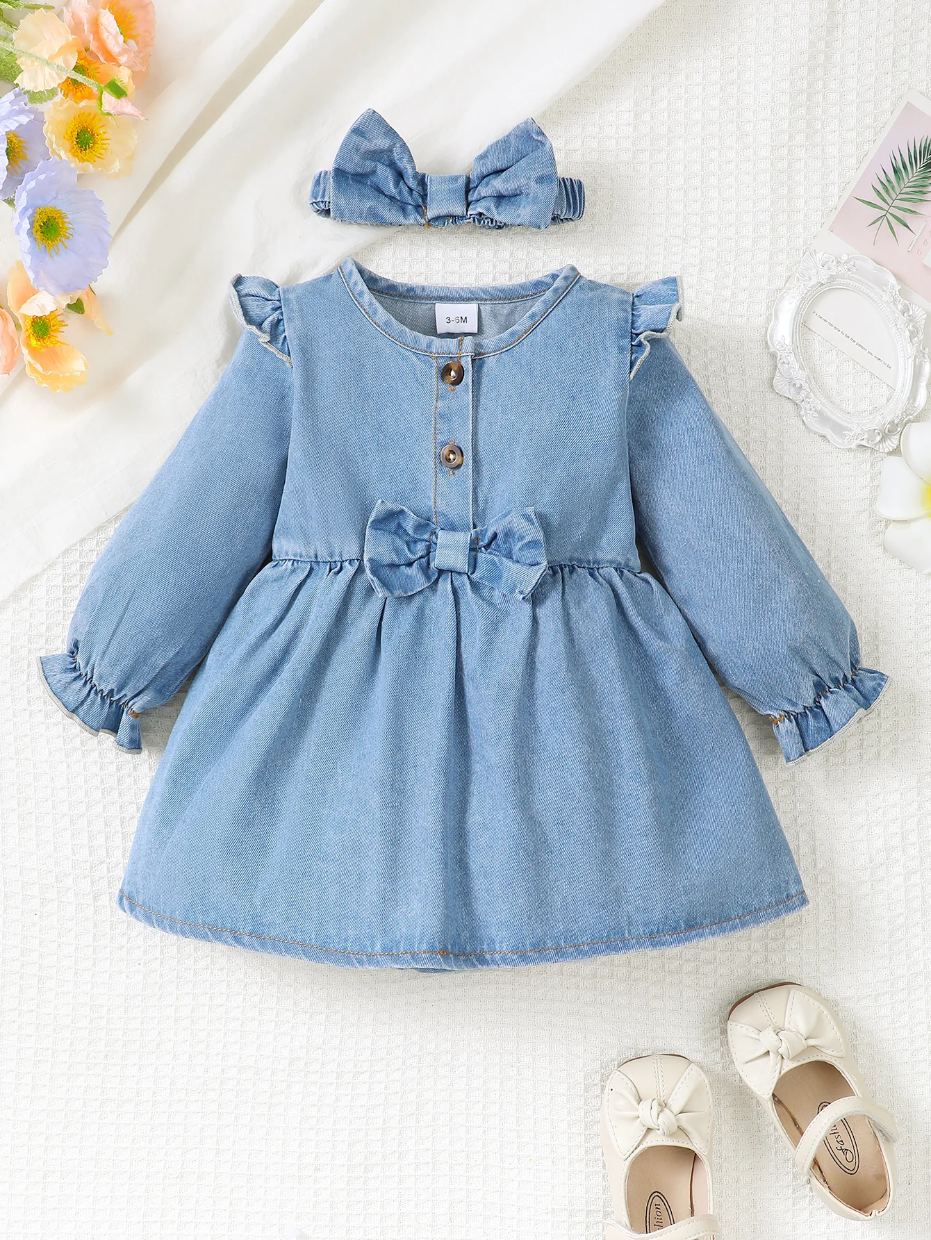 Inverno recém-nascido infantil 0-18 meses bebê menina vestido de manga longa denim macacão princesa vestidos de festa com argola de cabelo