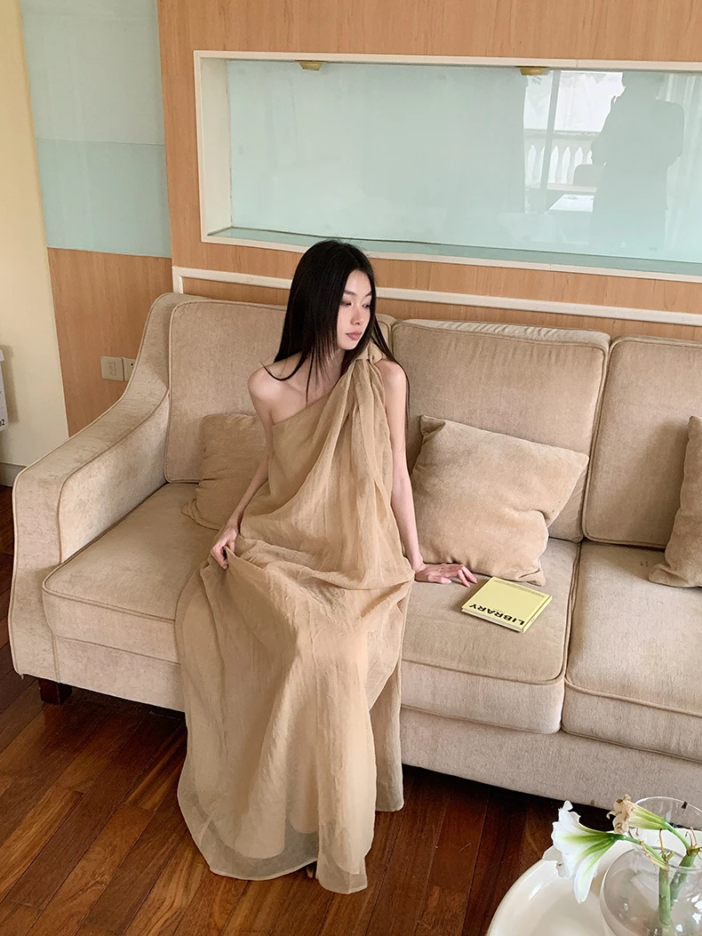 CHEERART Kink One Shoulder Maxi Dress 2024 Women Summer Loose Straight Oversized Long Dress Fashion Designer Clothes