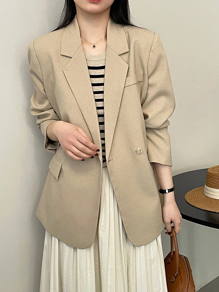 [EAM] Women Khaki Back Button Big Size Casual Blazer New Lapel Long Sleeve Jacket Fashion Tide Spring Autumn 2024 1DH4740