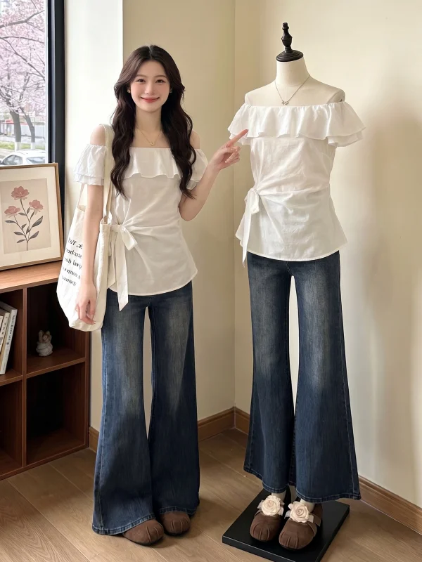 Beautiful Women's Short Sleeve One-Shoulder Shirt Pleated Waist Design Korean Style Summer New Arrival plus Size Clothing
