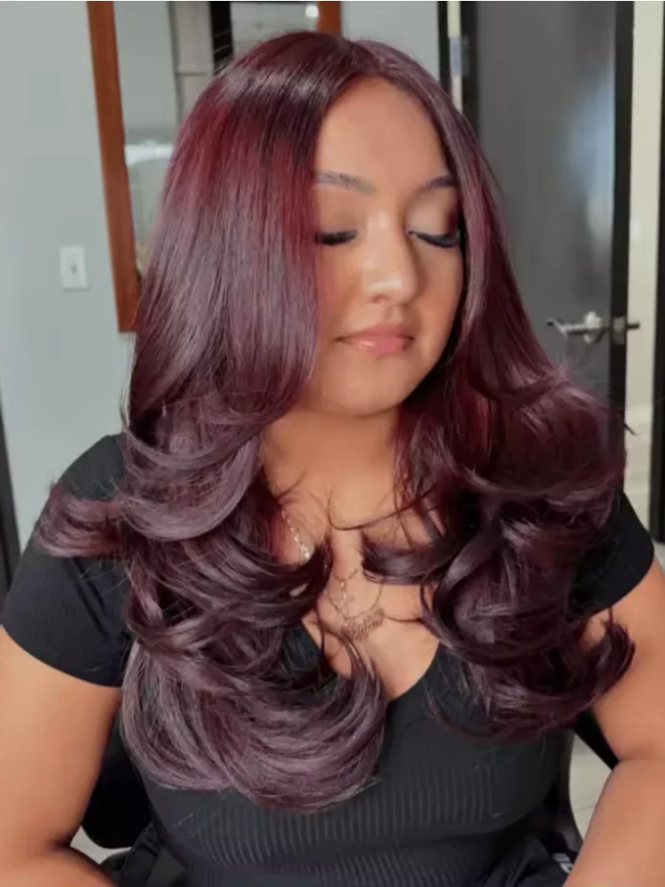 Perruque sans colle 9x6 en cheveux humains, bordeaux foncé, prête à porter, brésilienne, colorée, coupe dégradée, ondulée, avec dentelle pré-coupée, densité 250