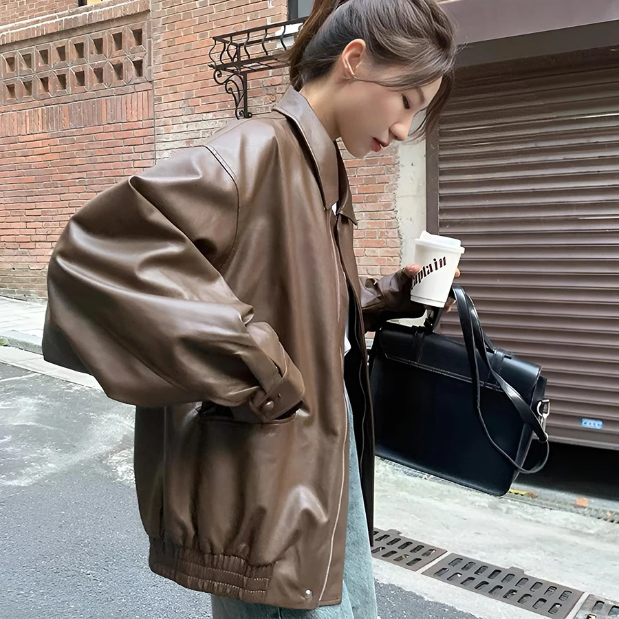 Retro Brown Leather Jacket Women's Short Loose Motorcycle Outerwear Spring Autumn Korean Style Small Size PU Leather Coat