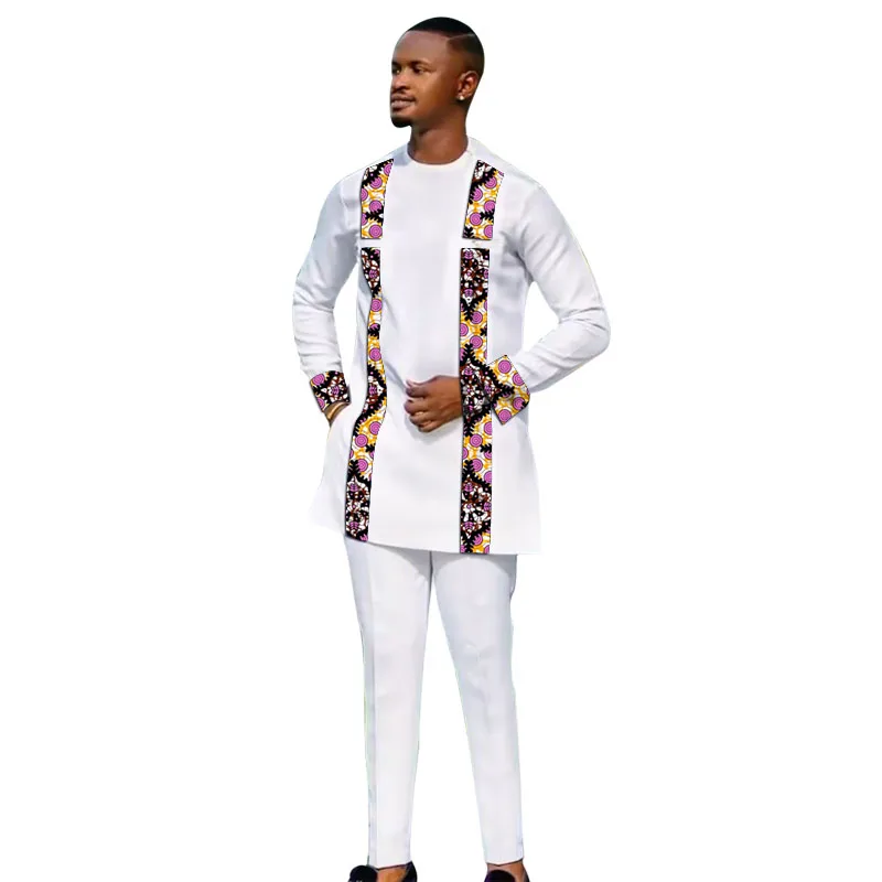 African Print Men\'s Long Shirts+Trousers Designer Customize Pant Sets Nigeria Fashion Male White Suits Plus Size Party Clothes