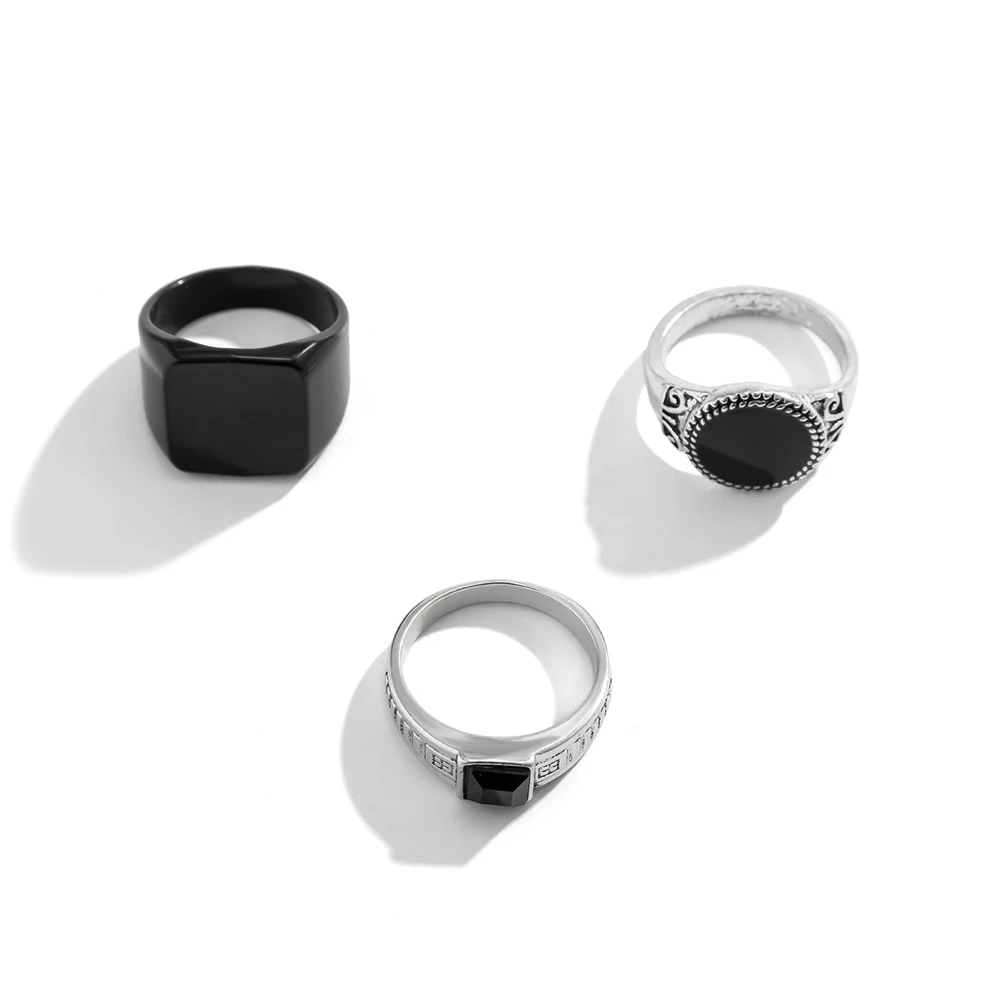 Dunkles Ring-Set für Herren, schwarzer, quadratischer oder silberfarbener, runder Siegelring mit Gravur, urbaner Vintage-Statement-Stil – Detail 5
