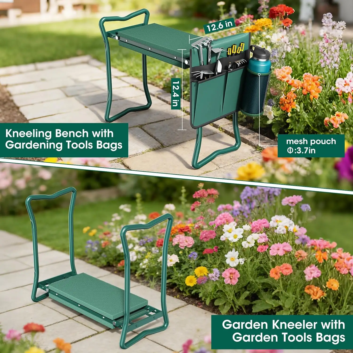 2-in-1 Garden Kneeler with Umbrella, 330lb Capacity, Tool Bag & Bottle Holder, Gardening Gift - view 3