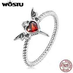 WOSTU 925 Sterling Silver Punk Goth Bat Wings Braided Ring Black Heart CZ Retro Rings for Women Halloween Jewelry Gift Hiphop