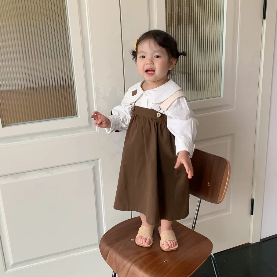 2023 Spring  Summer New Korean Girls' Coffee Strap Dress  Toddler Girl Clothes Kids Wear  Children  Casual  A-line Dresses