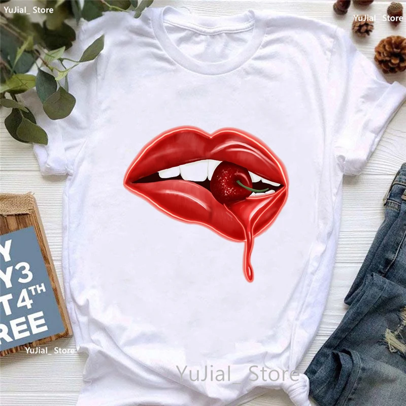 

2025 Vintage Red Lips Love Cherries Printed Tshirt Girls Summer Fashion Tops Tee Shirt Femme Casual Solid T-Shirt Women