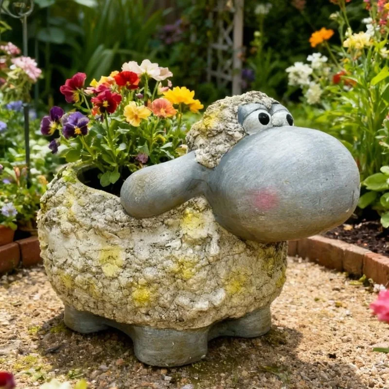 Cartoon Sheep Planter, Resin Animal Flower Pot for Garden &Kindergarten, Creative Yard Landscape Ornament & Kids Play Area Decor
