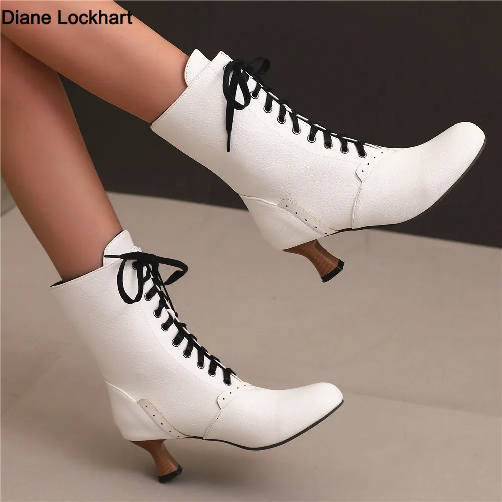 

2026 New Lace Up Ladies High Heel Shoes Strange Steampunk Boot Victorian Ankle Boots Women Pointed Toe Thick Soled Short Boots