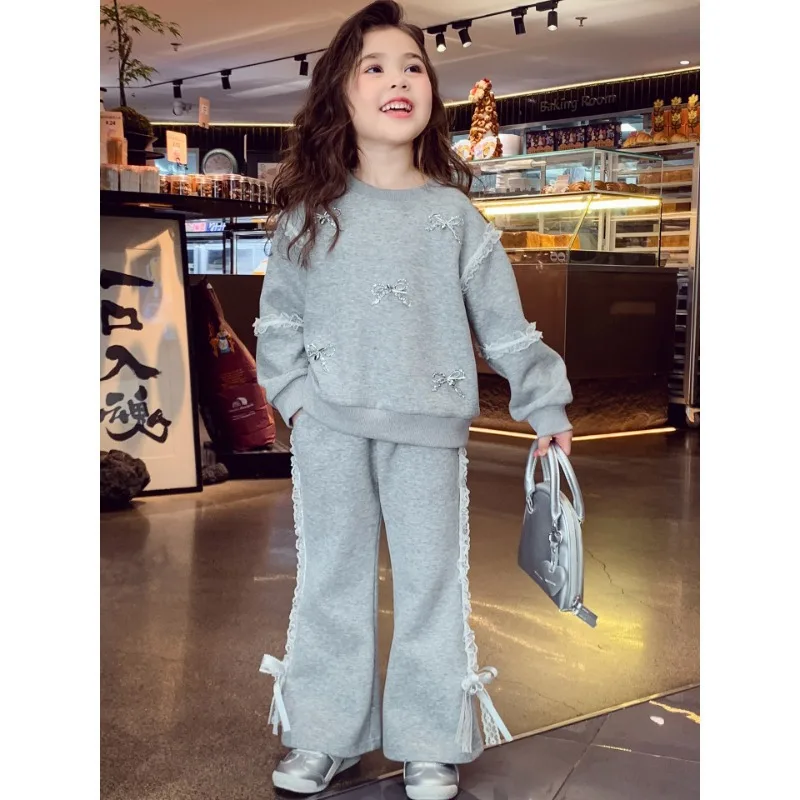 Kids Lace Bow Knot Sweatshirt Girls Flare Pants Casual Spring Autumn New Set Korean Unique Two Piece Set Trendy