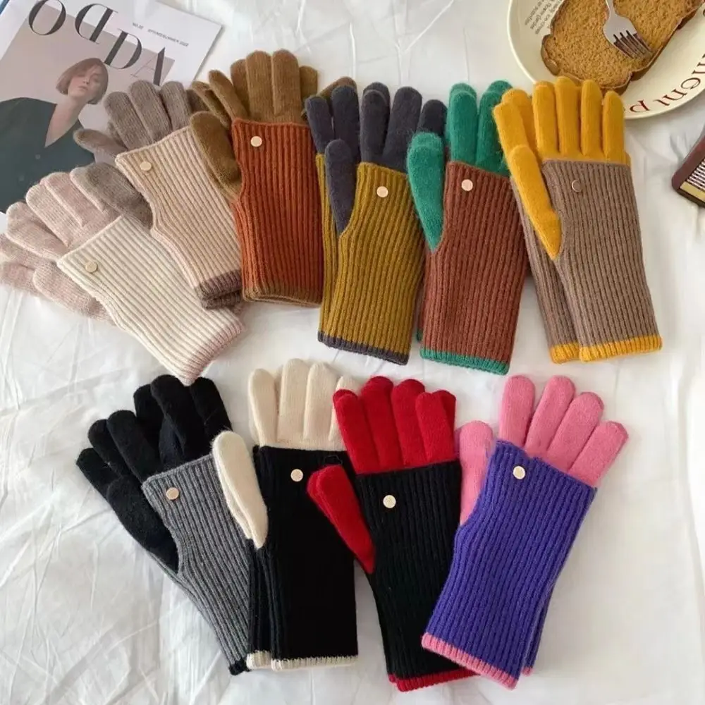 Fashion Warm Color Blocked Knitted Gloves Open-Finger Dual-purpose Long Gloves Candy Colored Cold-proof Arm Cover Gift