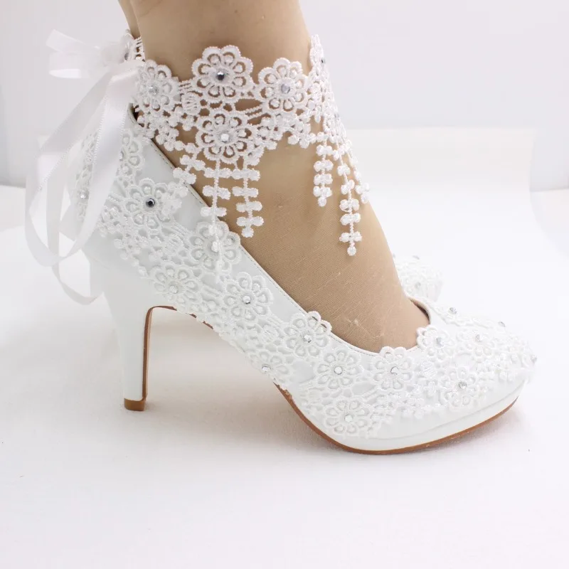 Women Pumps PU Lace 8 CM Thin Heels Round Toe High-heeled Fashionable Lace Up Decoration Bridal Handmade Wedding Woman Shoe