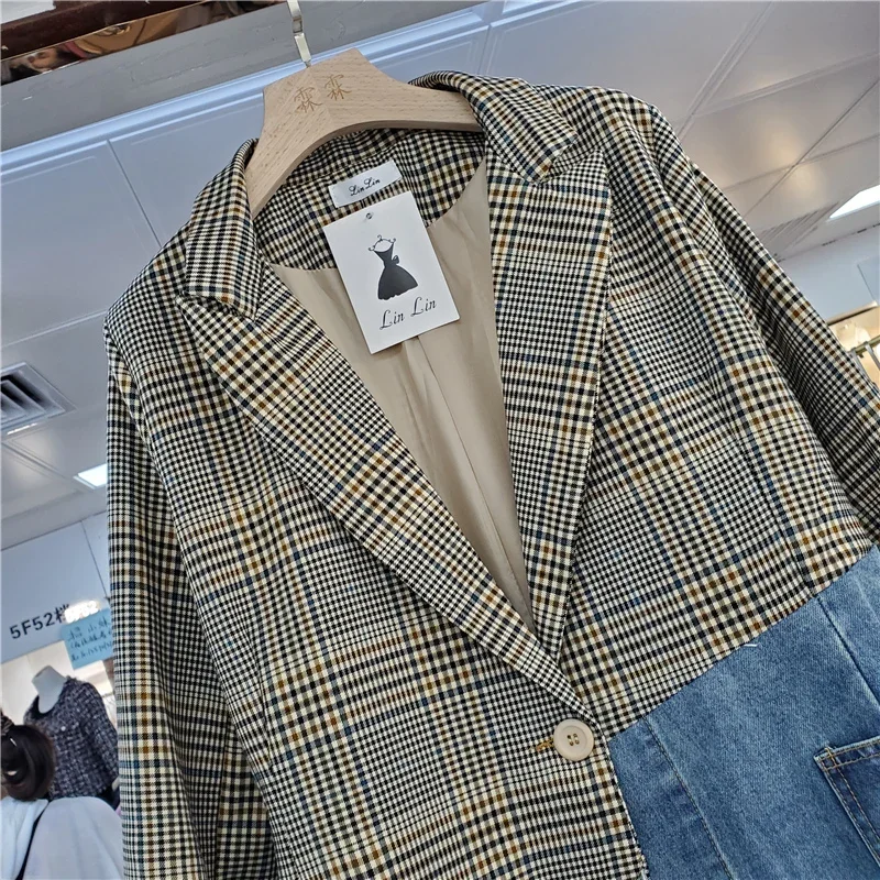 

Plaid Suit Collar Blazer Splicing Denim Jacket Women Loose Mid Long Big Pocket Outerwear Female Suit Patchwork Jeans Jacket Coat