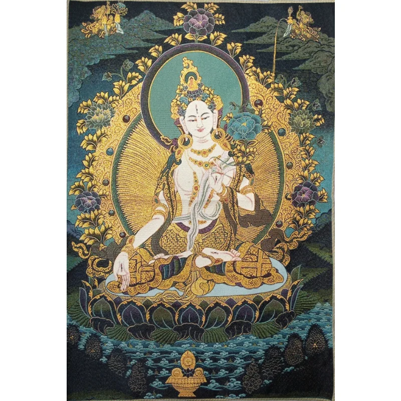 

36" Tibet Tibetan Embroidered Cloth Silk Buddhism White Tara Tangka Painting Mural Meditation Wall Hanging Home Decor