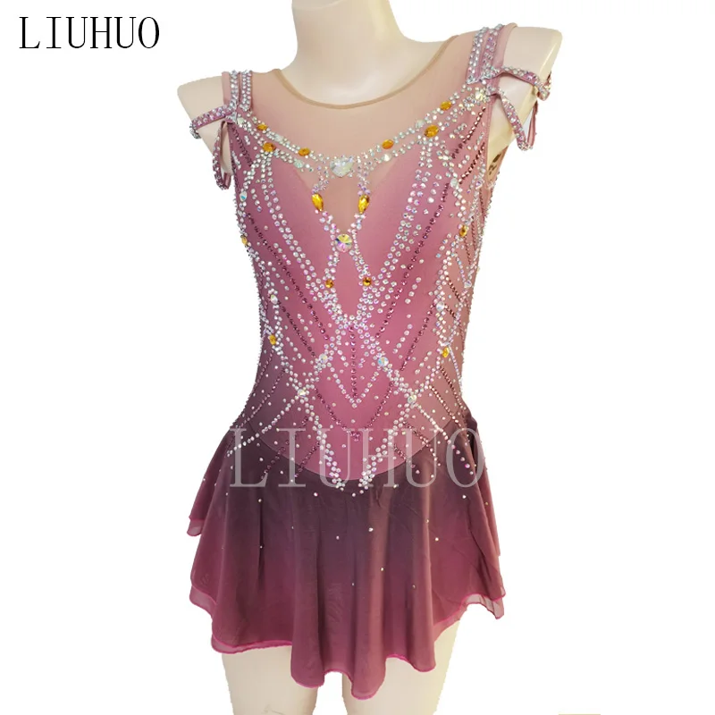 LIUHUO Figure Skating Dress Gorgeous Retro Pink Girl Mesh Skirt Competition Performance Training