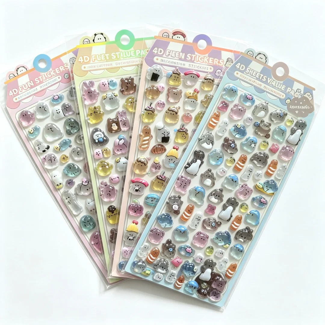 4Sheets Kawaii Mini Animal Crystal Cute Mochi Cartoon Creature 3D Epoxy Glossy Stickers for Scrapbook Journal DIY Craft Decor
