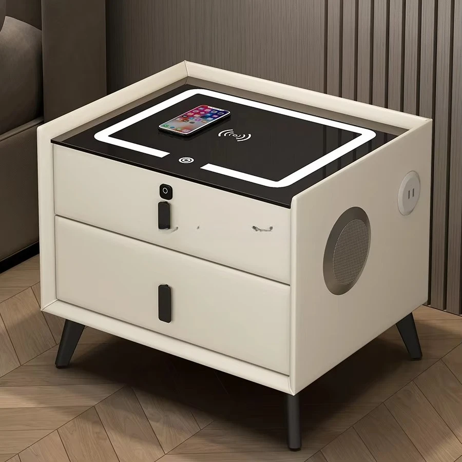 ！@Smart Fingerprint Lock Nightstand with LED Light USB Wireless Charger Speaker Modern Smart Bedside Table Bedroom Furniture Set