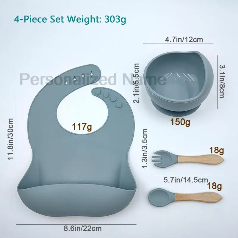 Ensemble d\'alimentation pour bébé avec nom personnalisé, bol à ventouse en silicone pour enfants, cuillère d\'entraînement, fourchette, bol