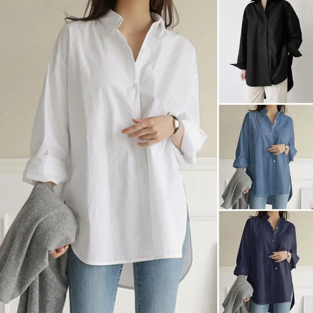 

Turn-Down Collar Solid Color Blouse Long Sleeve Single Breasted Women Shirt High-low Hem Side Split Shirt Top Female Clothing