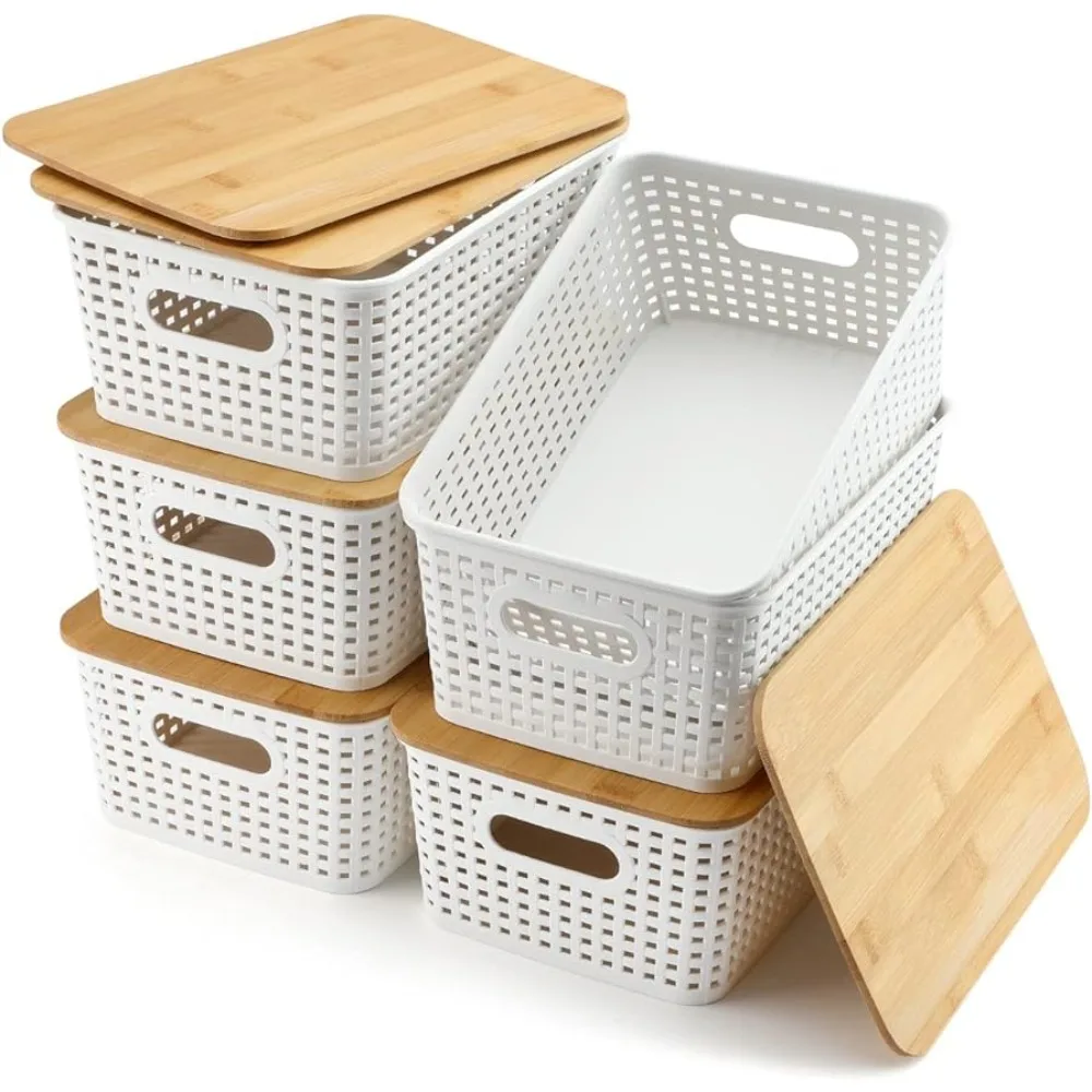 Plastic Storage Baskets Bamboo Lid Pantry Organization Storage Containers Lidded Storage Container Organizer Shelves, 6 Pack